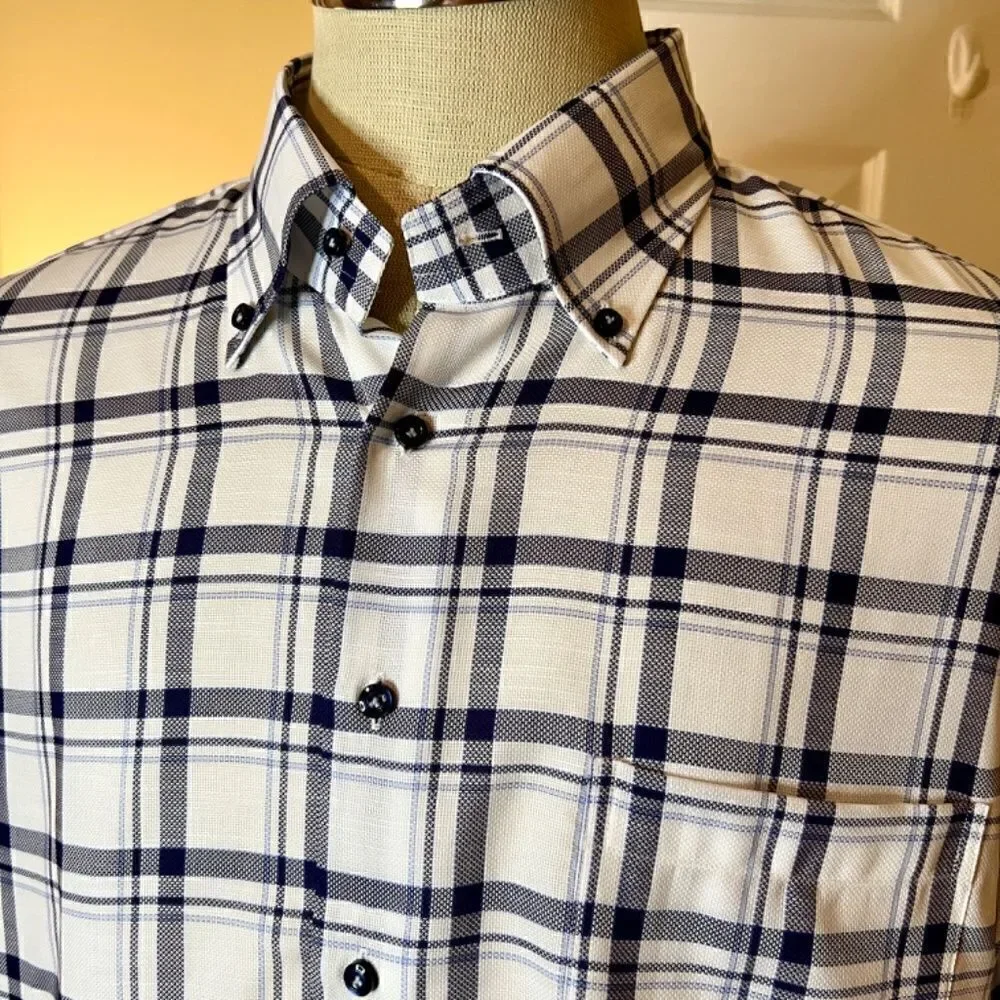 NWOT Men's Hagen Carmel CA Navy & White Plaid Button Down Shirt Size XL